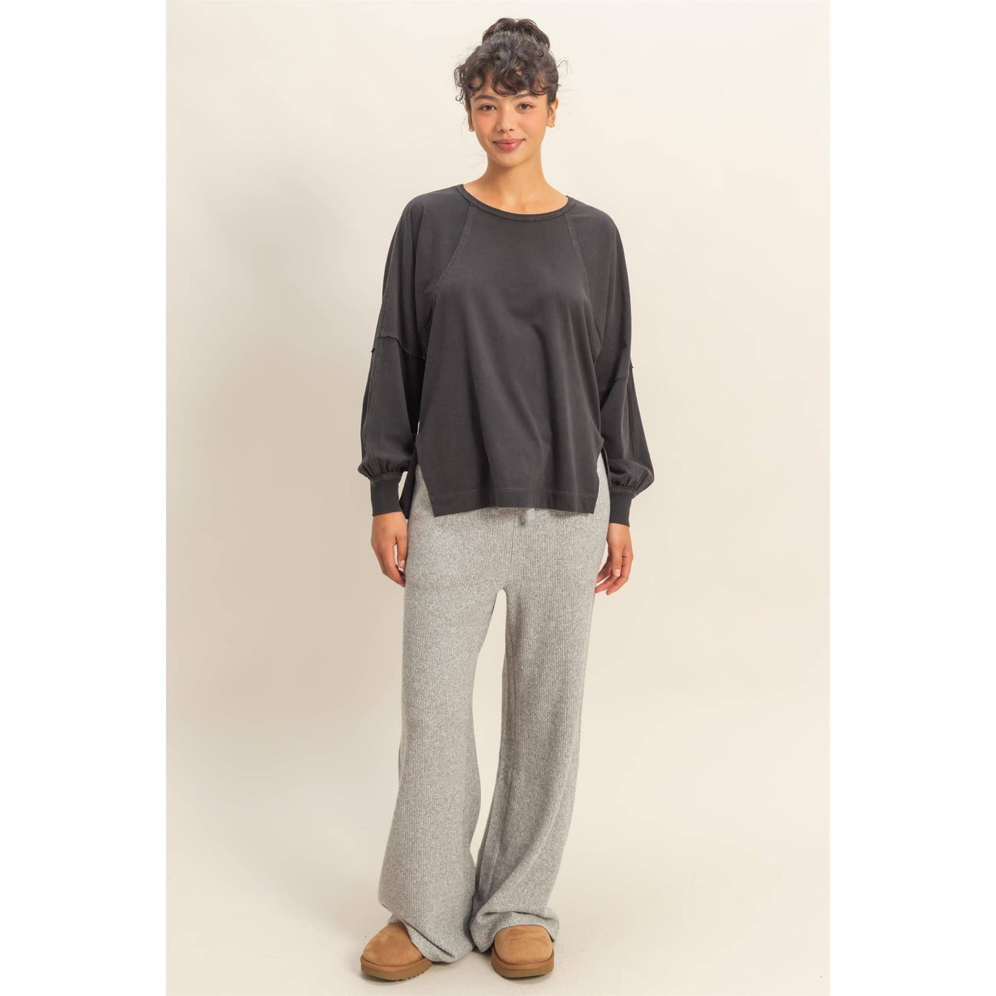 Black Washed Oversized Long Sleeve Top With Slit