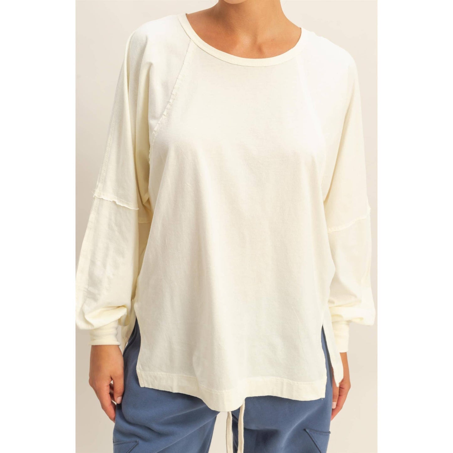 Cream Washed Oversized Long Sleeve Top With Slit