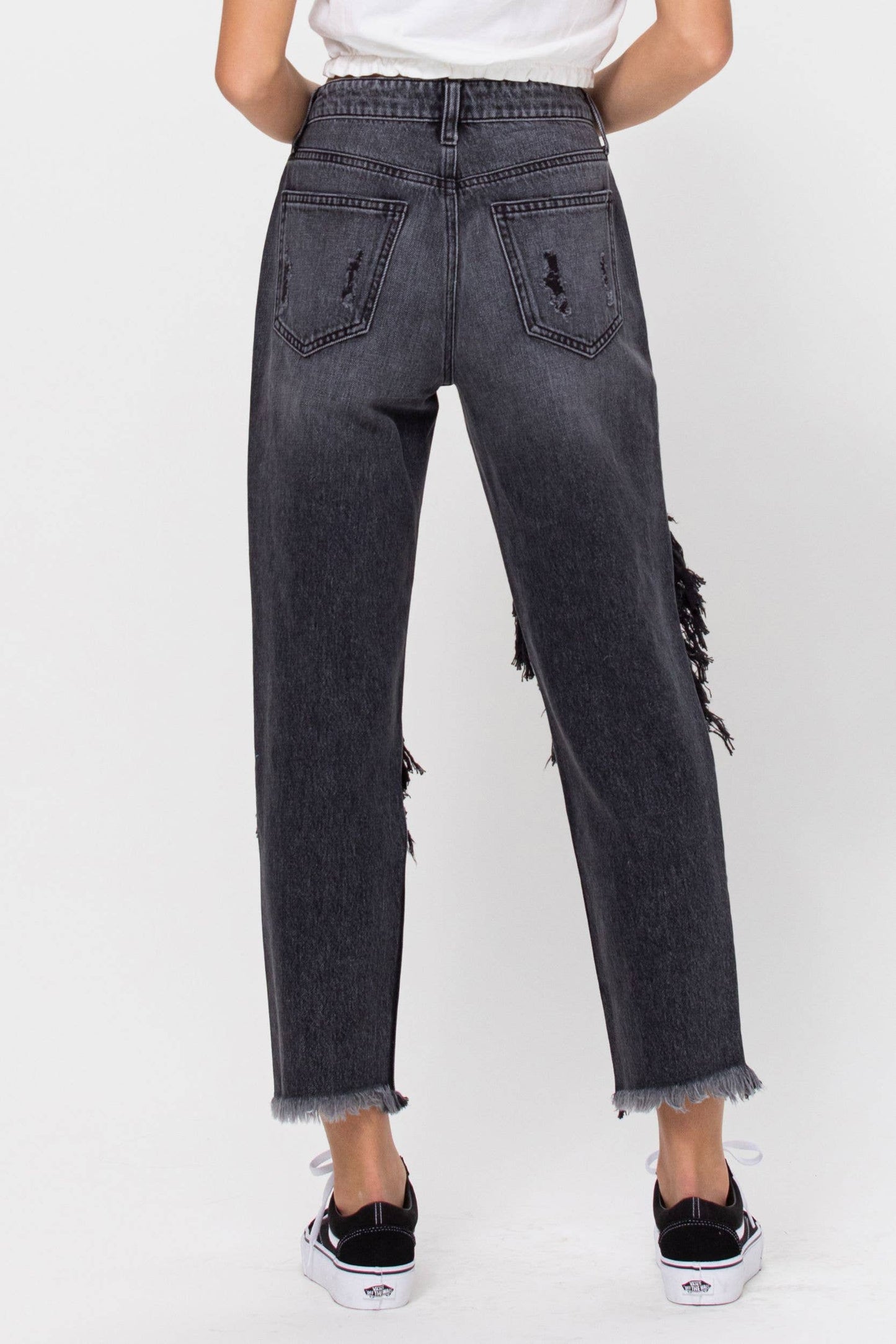 High Rise Distressed Slim Boyfriend Jean