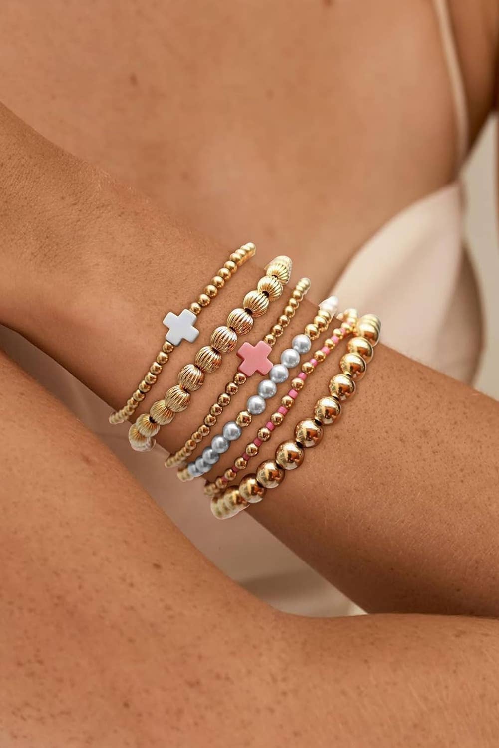 Plated Beading Pearl Cross Decor Multilayer Bracelet