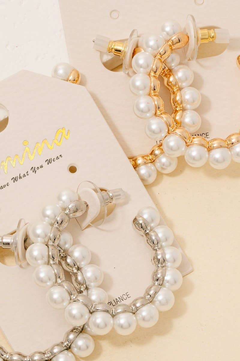 Silver Pearl Beaded Hoop Earrings