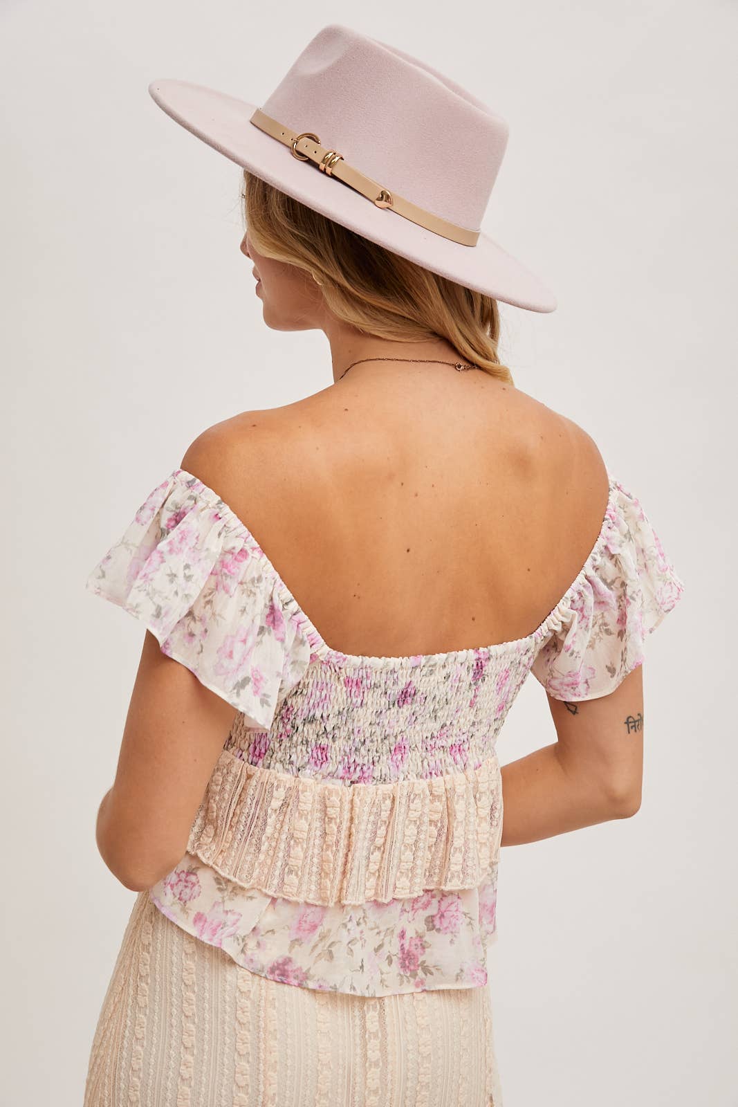 Ruffled Floral Print Sweetheart Top - Pink