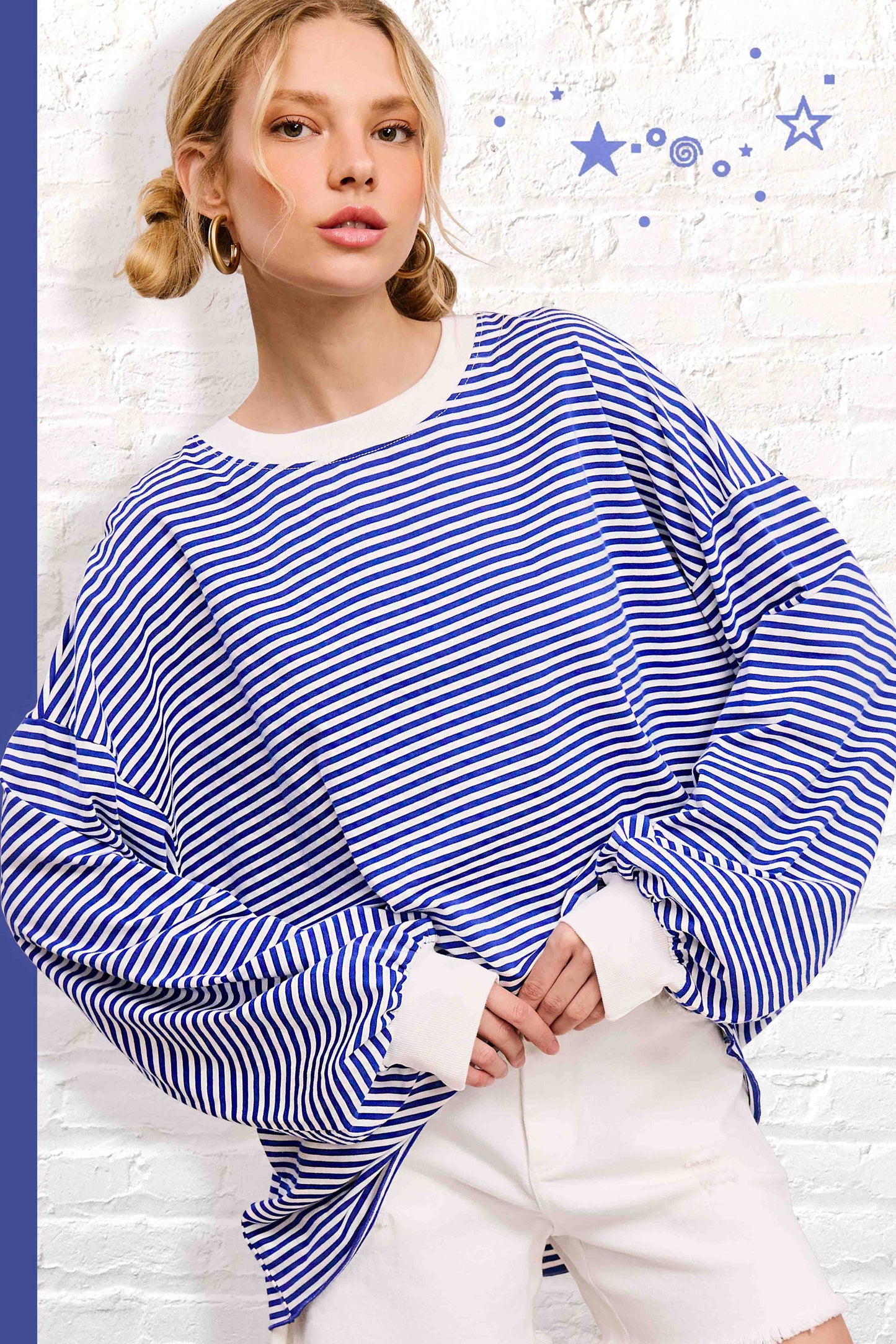 Oversized Striped Long Sleeve Pullover Top: Royal Blue