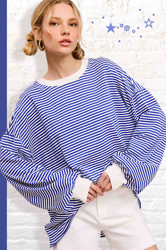 Oversized Striped Long Sleeve Pullover Top: Royal Blue
