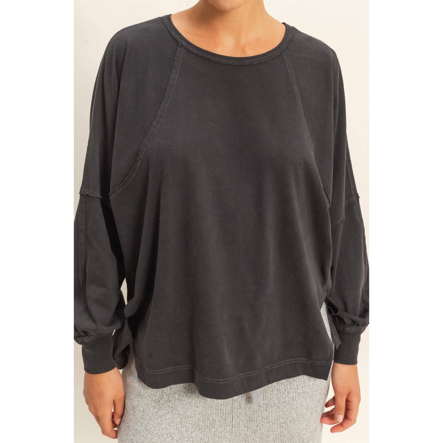 Black Washed Oversized Long Sleeve Top With Slit