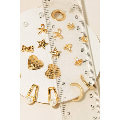 Gold Assorted Hearts Stars Studs And Hoops Earrings Set