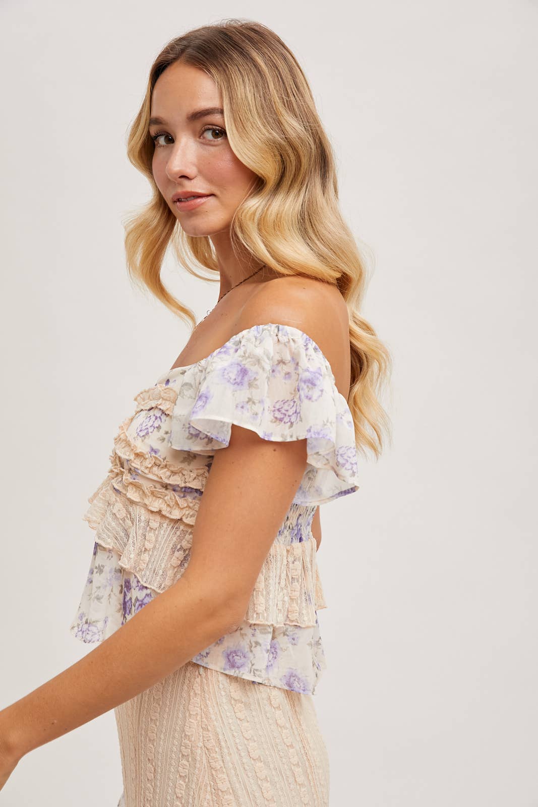 Ruffle Floral Print Sweetheart Top - Violet