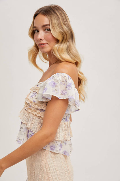 Ruffle Floral Print Sweetheart Top - Violet