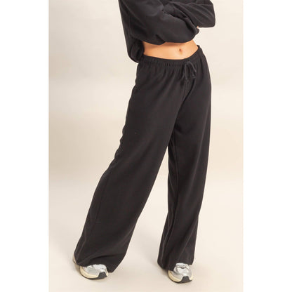 Black - Ribbed Wide Leg Drawstring Waist Sweatpants