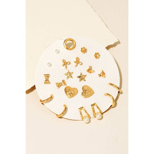 Gold Assorted Hearts Stars Studs And Hoops Earrings Set
