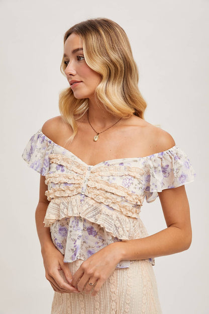 Ruffle Floral Print Sweetheart Top - Violet