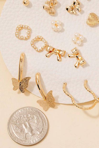 Gold Assorted Mini Bow Heart Earrings Set