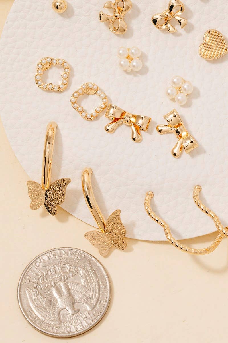 Silver Assorted Mini Bow Heart Earrings Set