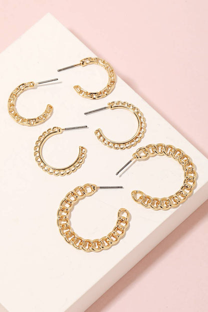 Gold Solid Chain Link Hoop Earrings Set