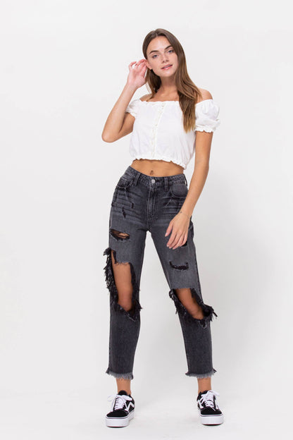 High Rise Distressed Slim Boyfriend Jean
