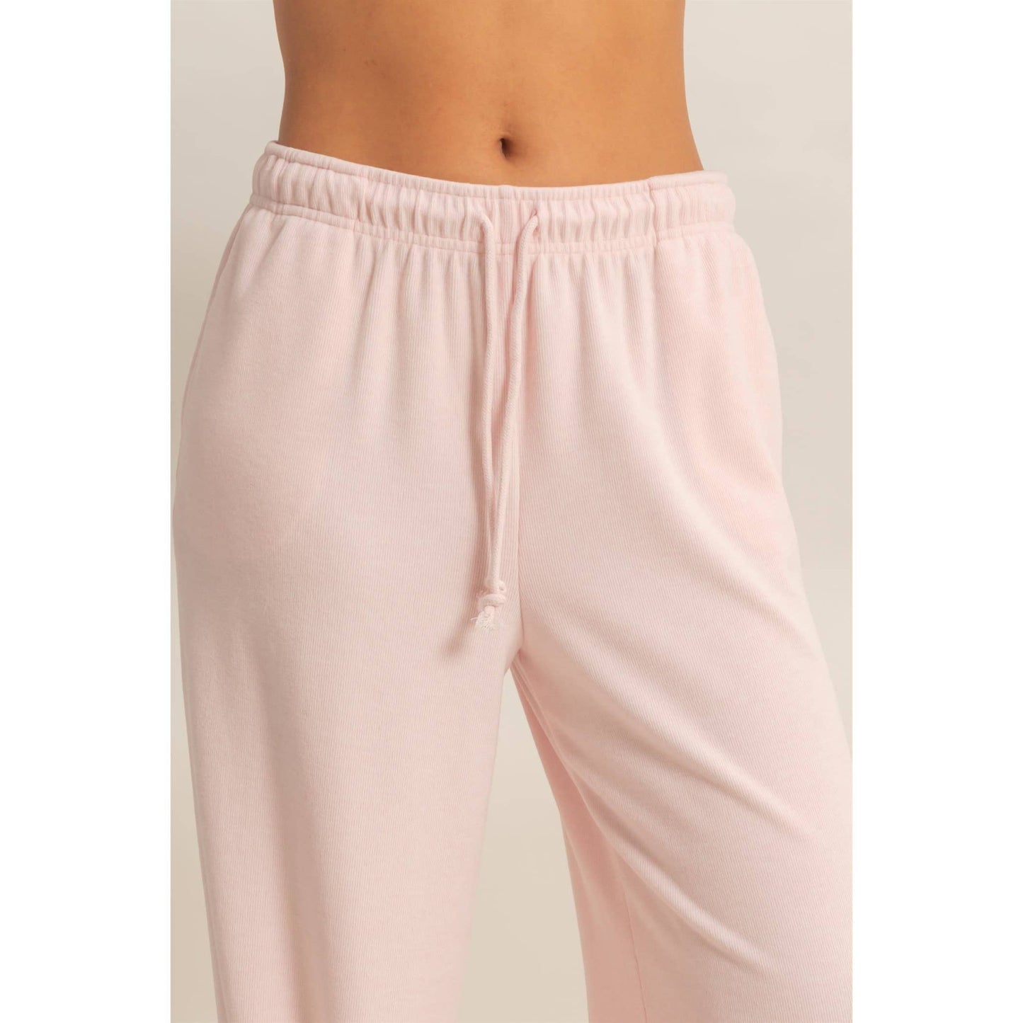 Soft Pink - Ribbed Wide Leg Drawstring Waist Sweatpants