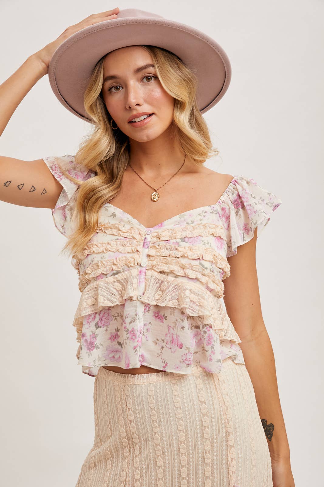 Ruffled Floral Print Sweetheart Top - Pink