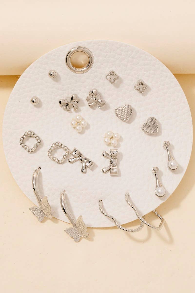 Silver Assorted Mini Bow Heart Earrings Set
