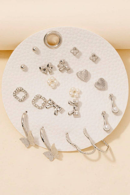 Silver Assorted Mini Bow Heart Earrings Set