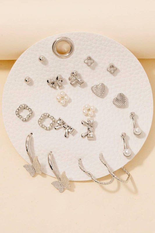 Silver Assorted Mini Bow Heart Earrings Set