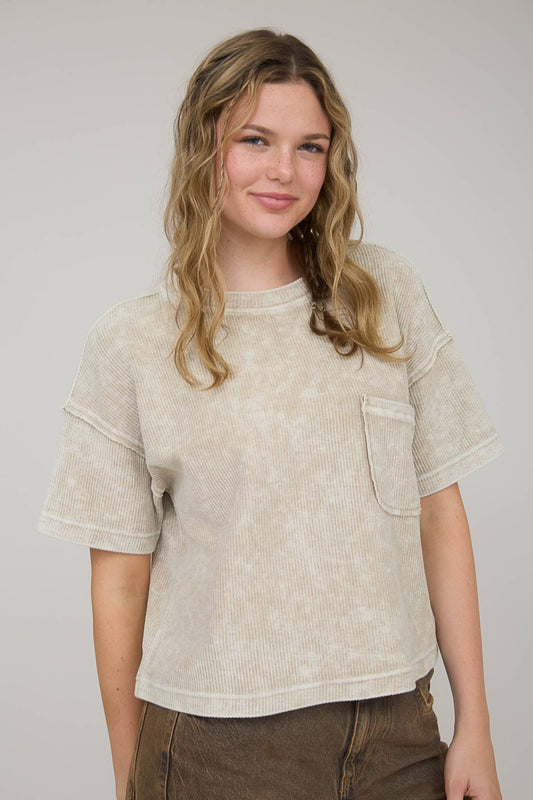 Washed Ribbed Short Sleeve Sweater With Pocket