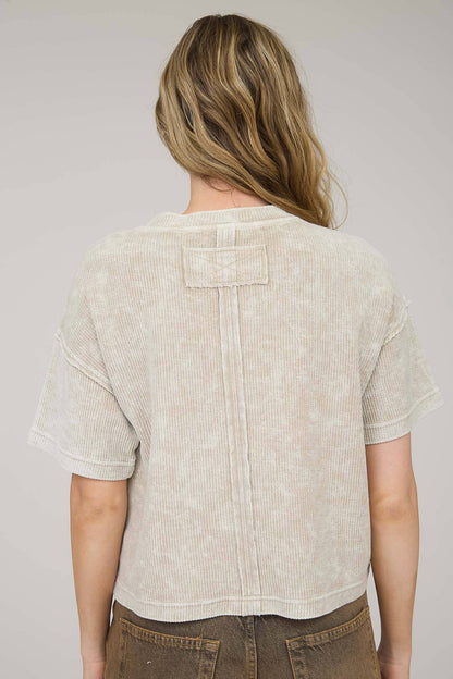 Washed Ribbed Short Sleeve Sweater With Pocket