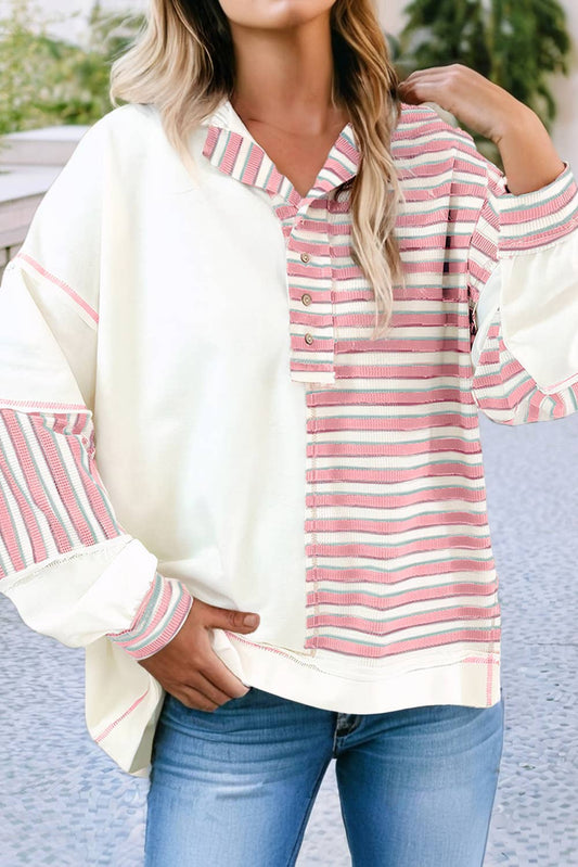 Stripe Stitched Patchwork Oversized Pullover : Pink