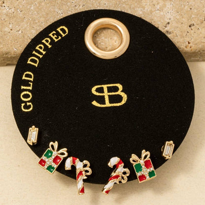 Secret Box Gold Dipped Multi Christmas Theme Stud Earrings