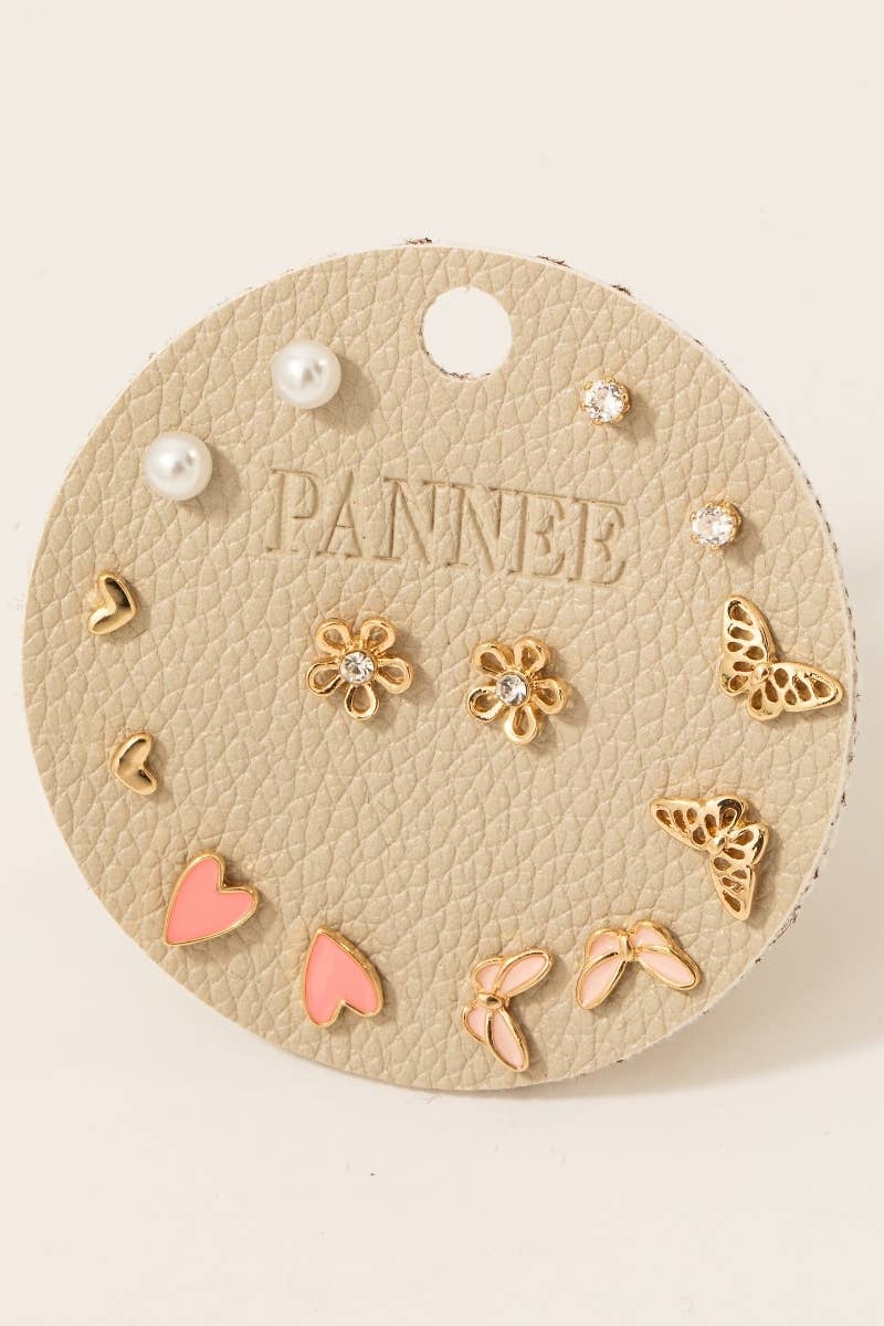 Gold Assorted Heart Butterfly And Pearl Stud Earrings Set