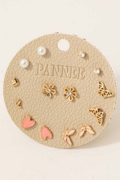 Gold Assorted Heart Butterfly And Pearl Stud Earrings Set