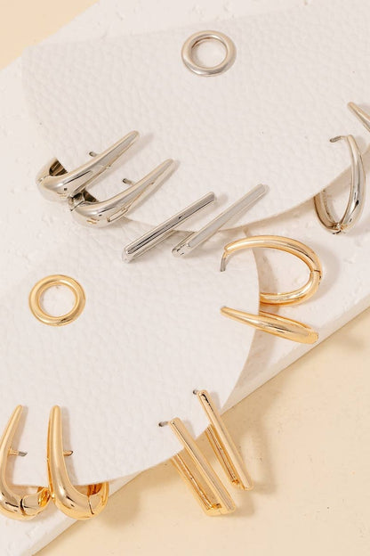 Silver Mixed Long Oval Hinge Hoop Earrings Set