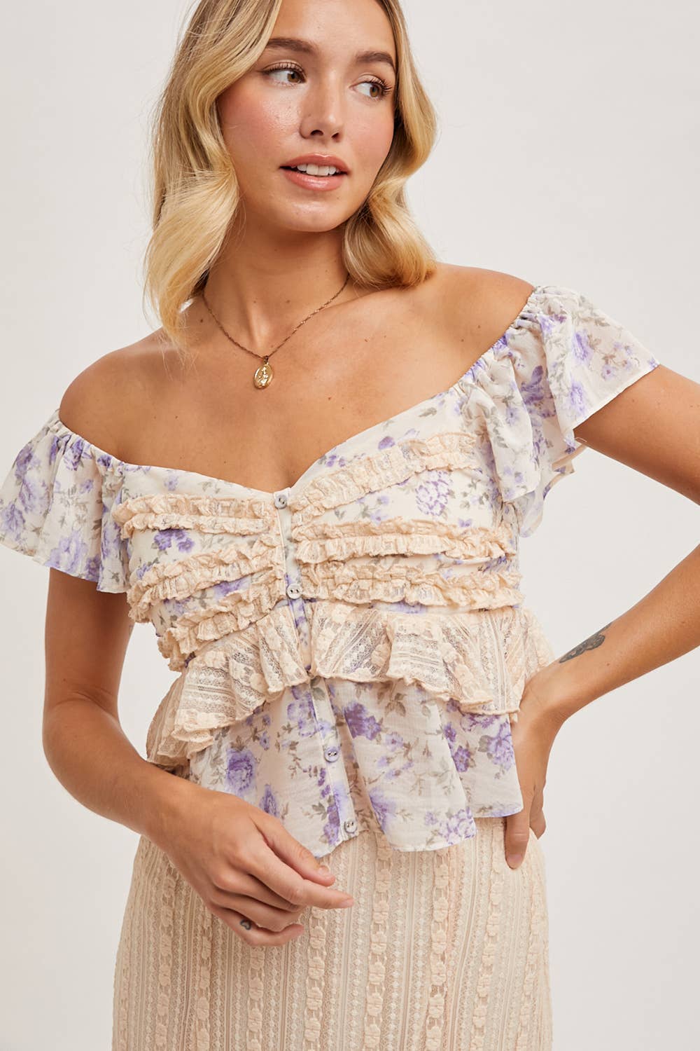 Ruffle Floral Print Sweetheart Top - Violet