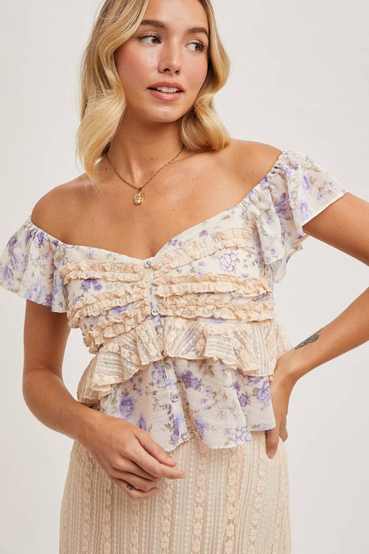 Ruffle Floral Print Sweetheart Top - Violet