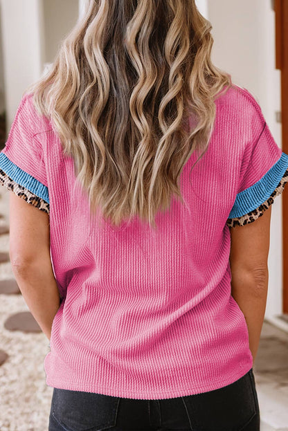Leopard Patchwork Corded Knit T Shirt