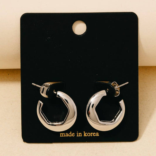 Silver Hexagon Cut Out Rounded Hoop Earrings