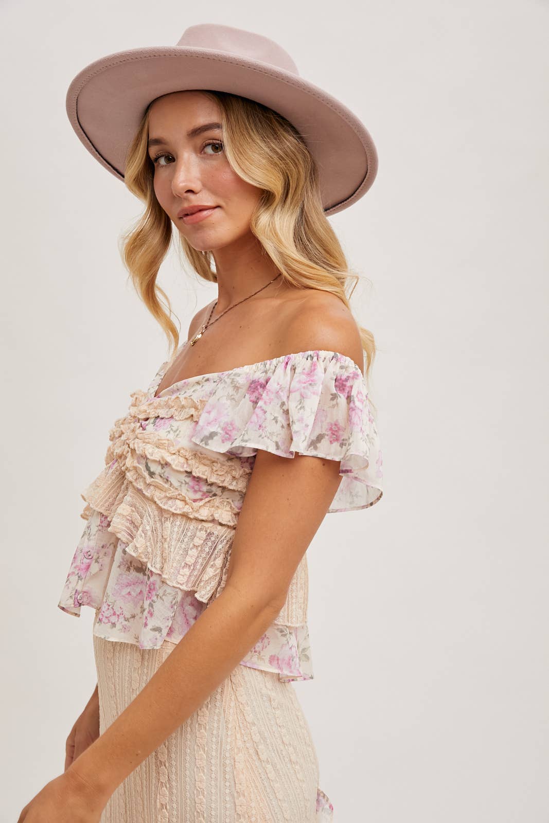 Ruffled Floral Print Sweetheart Top - Pink