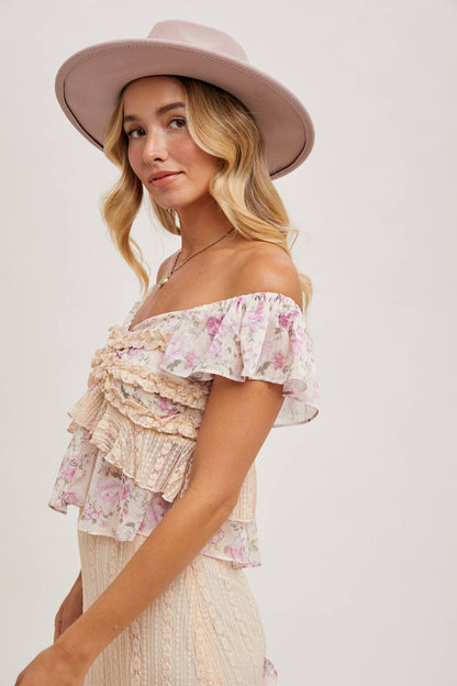 Ruffled Floral Print Sweetheart Top - Pink