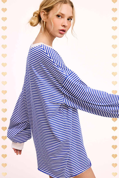 Oversized Striped Long Sleeve Pullover Top: Royal Blue