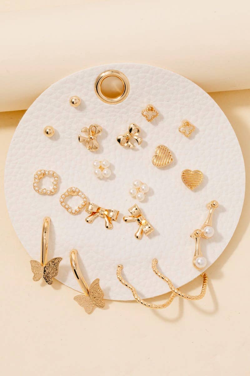 Gold Assorted Mini Bow Heart Earrings Set