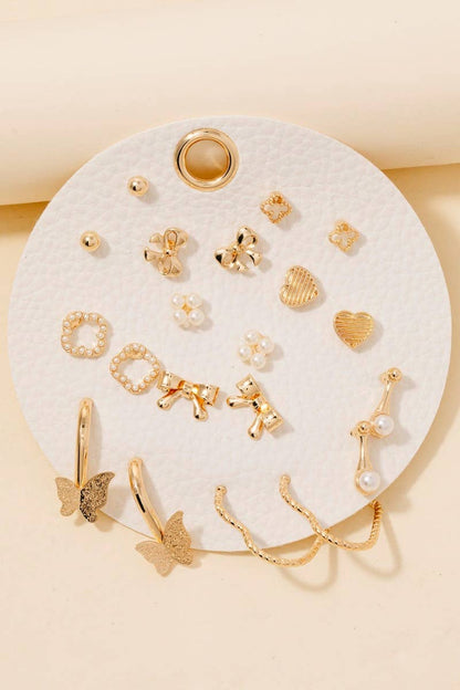 Gold Assorted Mini Bow Heart Earrings Set