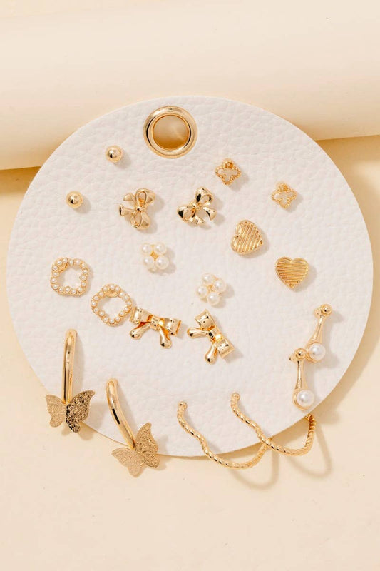 Gold Assorted Mini Bow Heart Earrings Set