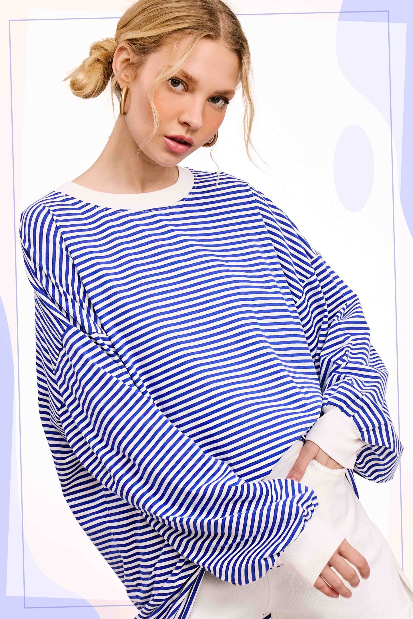 Oversized Striped Long Sleeve Pullover Top: Royal Blue