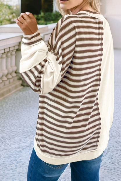 Stripe Stitched Patchwork Oversized Pullover : Khaki