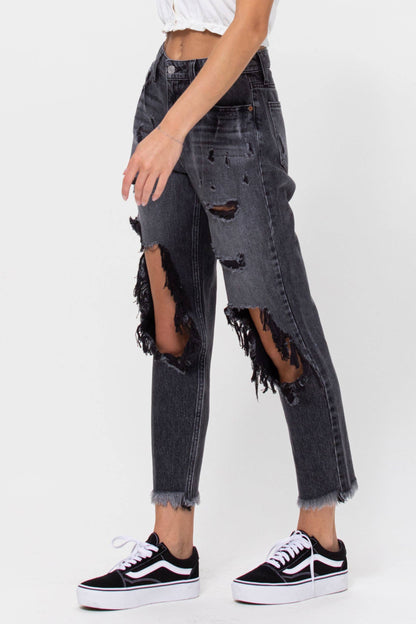 High Rise Distressed Slim Boyfriend Jean