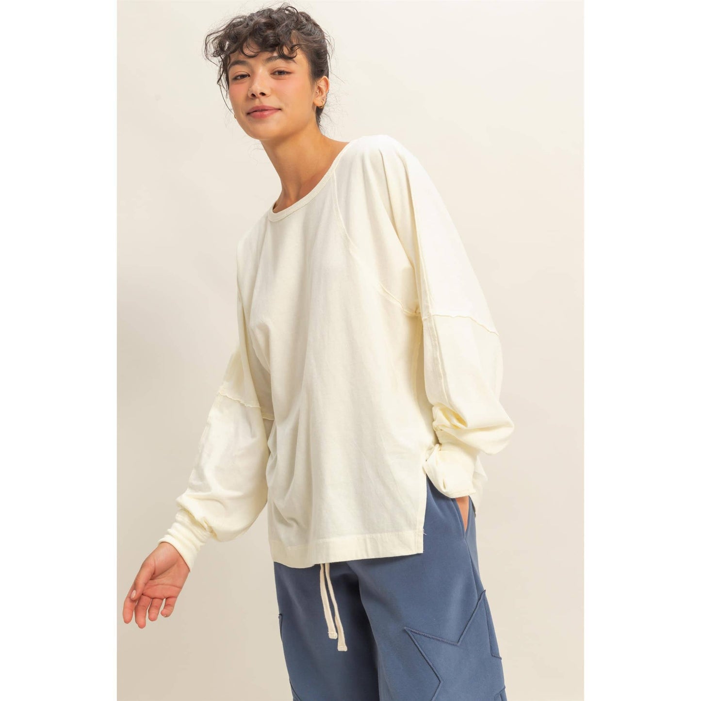 Cream Washed Oversized Long Sleeve Top With Slit