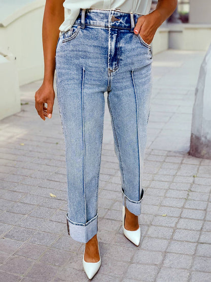 Center Seam Cuffed Hem Straight High Waist Jeans