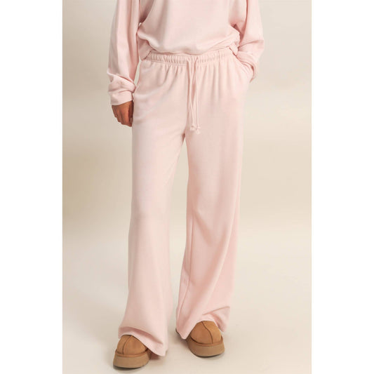 Soft Pink - Ribbed Wide Leg Drawstring Waist Sweatpants