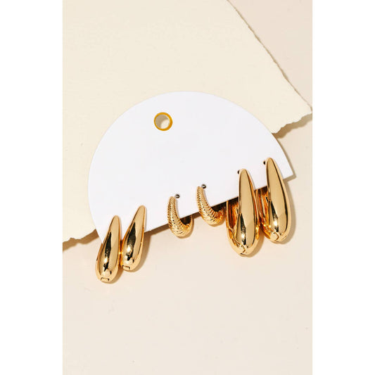 Gold Metallic Long Oval 3Pc Hoop Earrings Set
