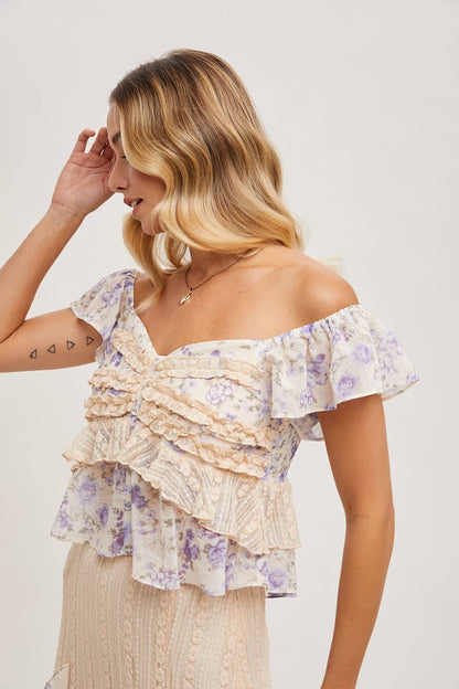 Ruffle Floral Print Sweetheart Top - Violet