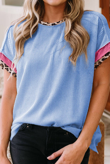 Leopard Patchwork Corded Knit T Shirt